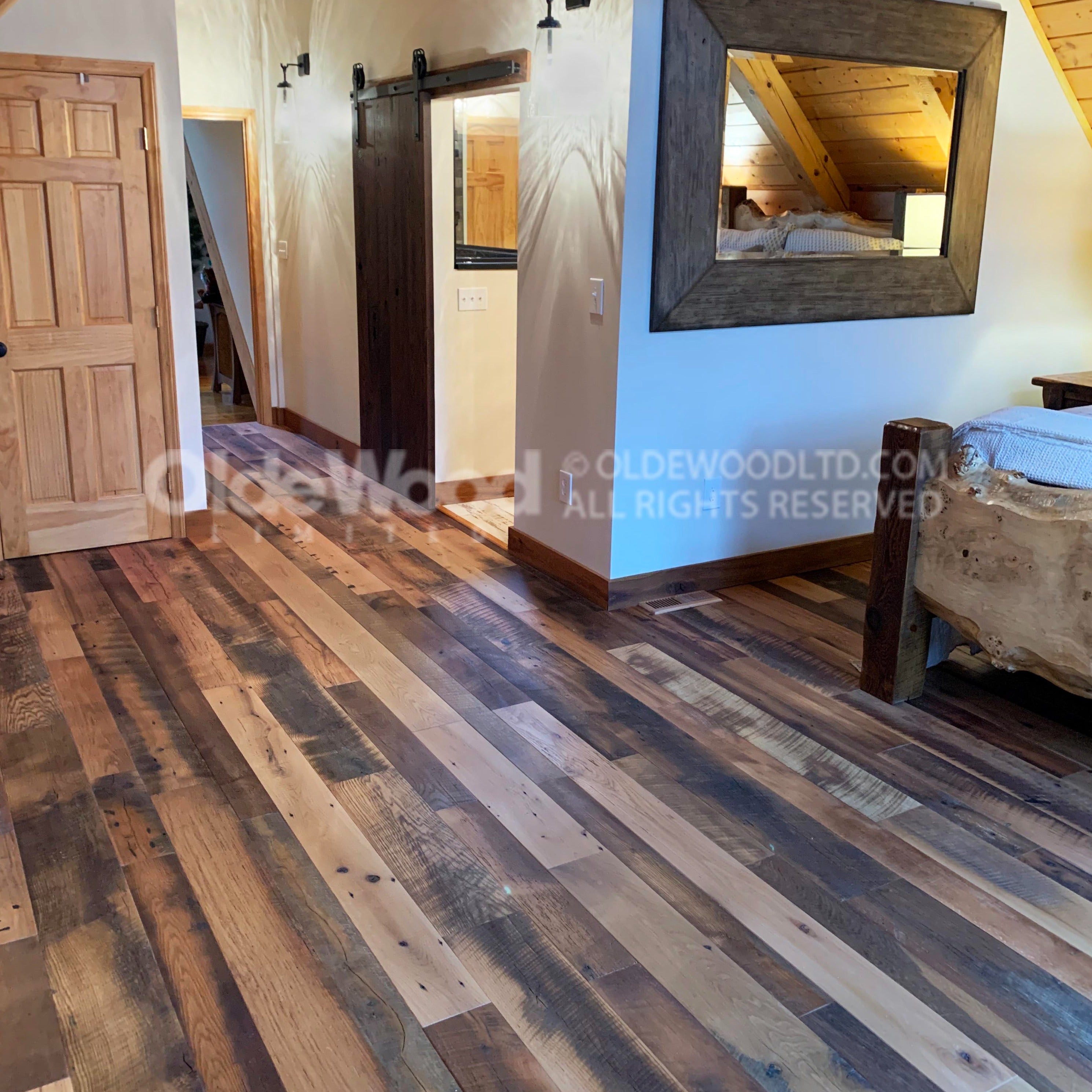 Antique Reclaimed Oak Hit Skip 4" to 8" Random Widths - Satin Prefinish, AngelFiber Hemp Wood Filler